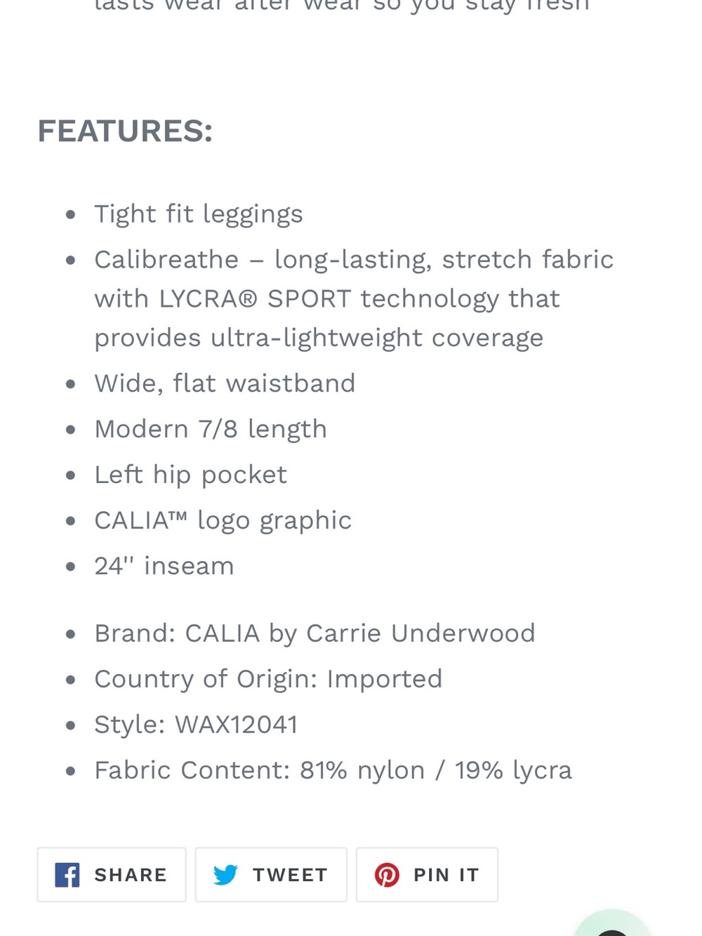 CALIA by Carrie Underwood Women’s Bright Blue 7/8 Leggings - Picture 4 of 4